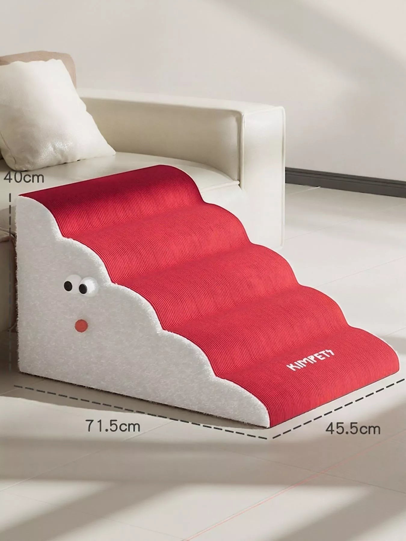Little Pets Club red 4-step foam pet stairs with white cloud-shaped sides and googly eyes, designed for dogs and cats to reach furniture.