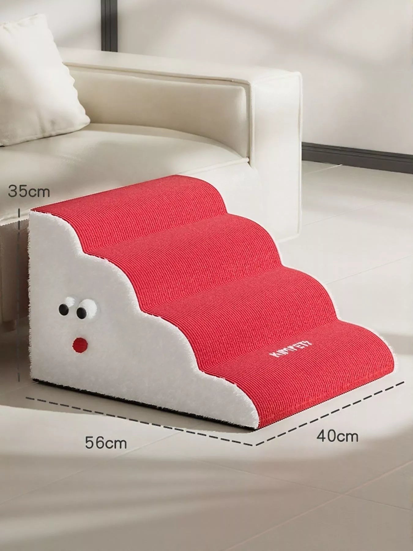 Little Pets Club red 4-step foam pet stairs with white fluffy sides and cute face detail, non-slip textured surface.