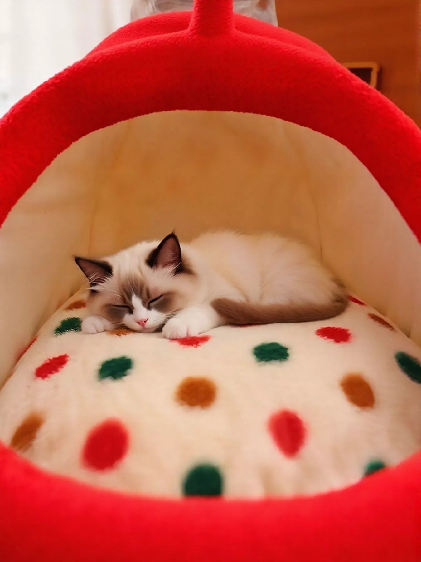 Little Pets Club plush red polka dot cat cave bed with a sleeping Ragdoll kitten.