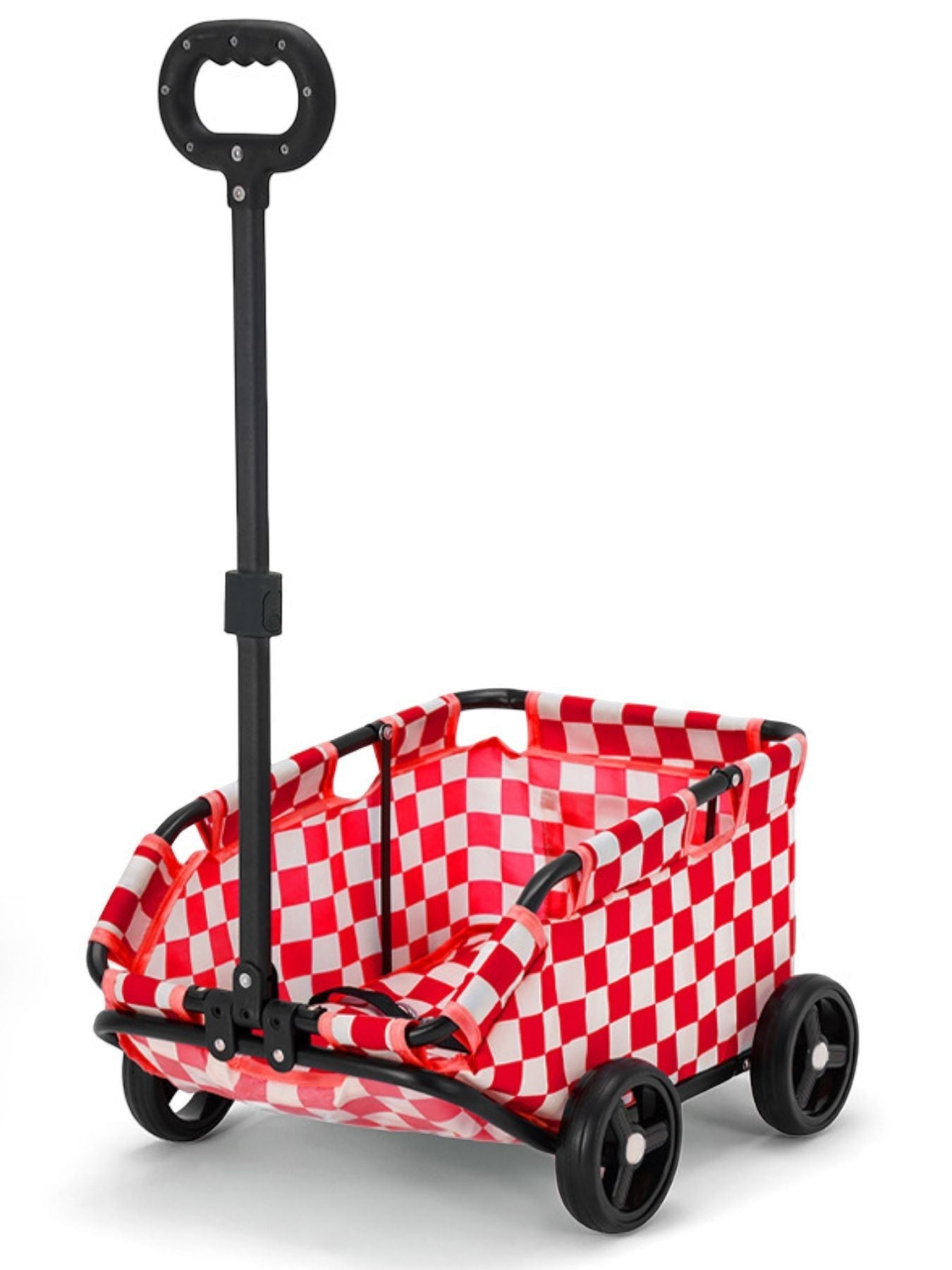 Little Pets Club red and white checkered portable pet stroller wagon with black handle and wheels.