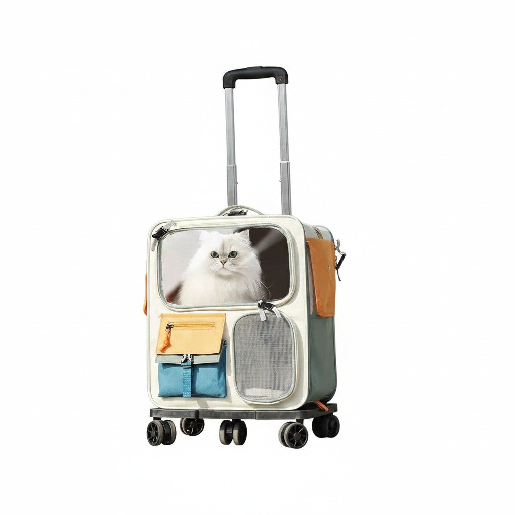 Little Pets Club rolling pet carrier with telescopic handle, featuring a white cat in a clear window. Cream, green, orange, and blue accents.