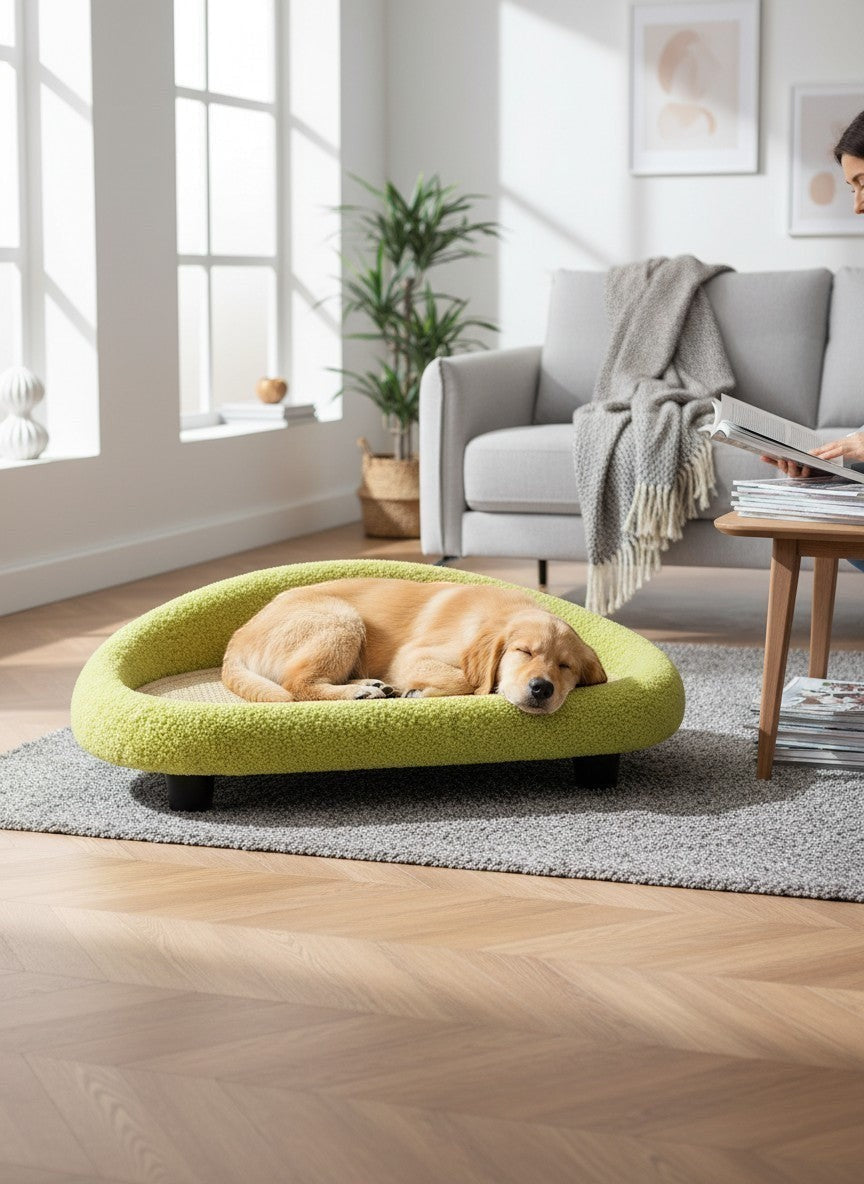 Little Pets Club modern sage green woven cat lounge bed with sisal scratcher surface, featuring a curved design and elevated base.