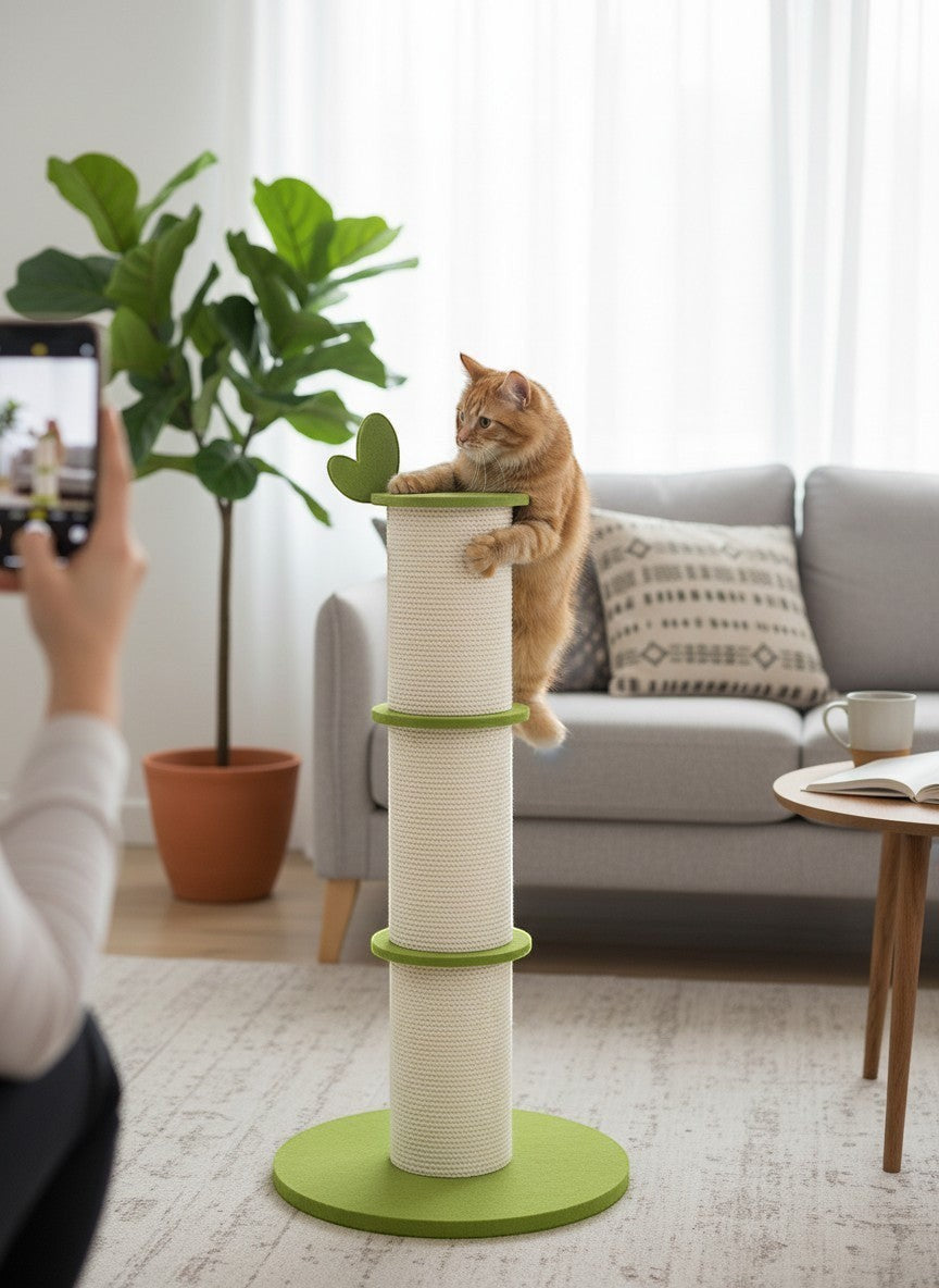 Little Pets Club bamboo-shaped sisal cat scratching post with green accents and stable base, featuring an orange tabby cat.