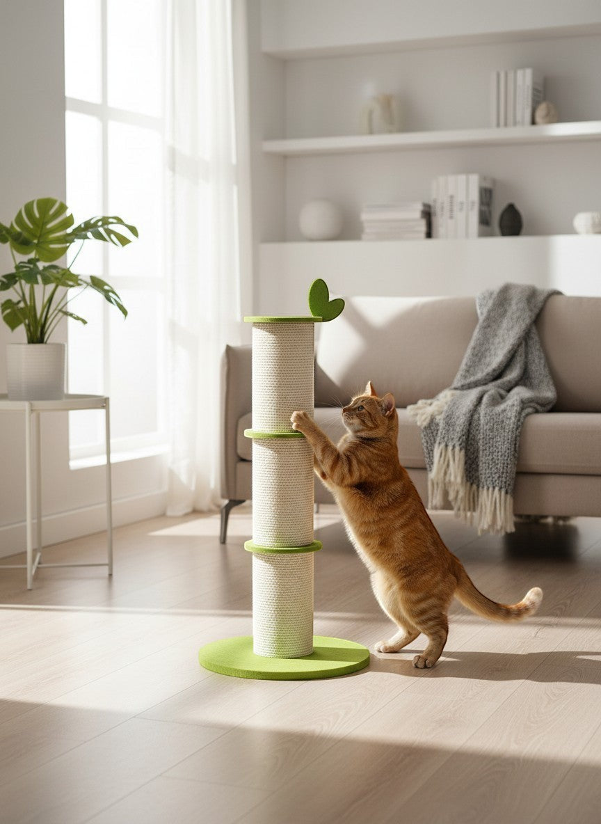 Little Pets Club bamboo-shaped sisal cat scratching post with green base and leaf accent, used by an orange tabby cat.