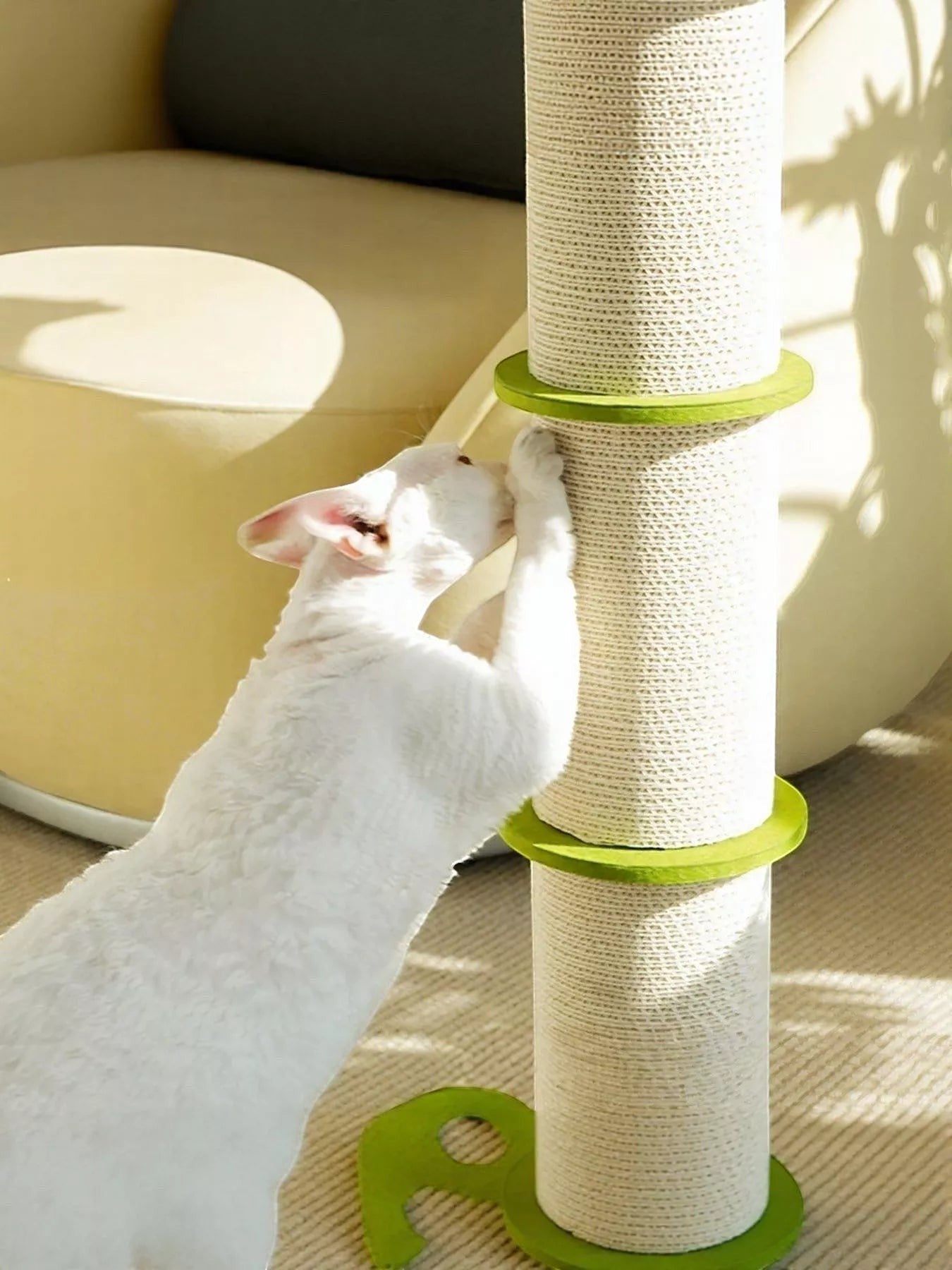 Little Pets Club white cat scratching a tall, natural sisal post with green accents and a stable wooden base.