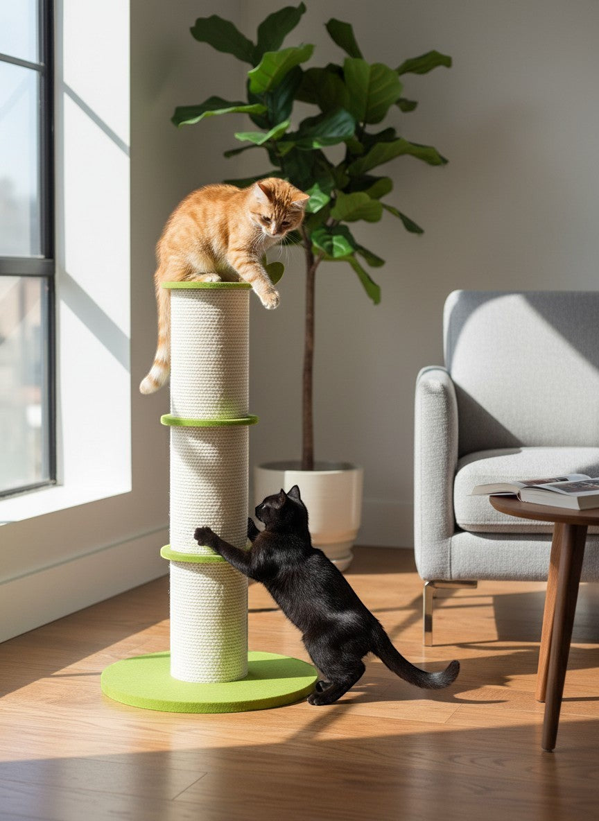 Little Pets Club bamboo-shaped sisal cat scratching post with green base and accents, featuring two cats playing.