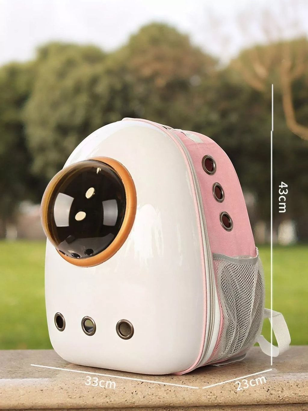 Little Pets Club white and pink space capsule pet carrier backpack with transparent dome window and mesh side pockets. Large size.