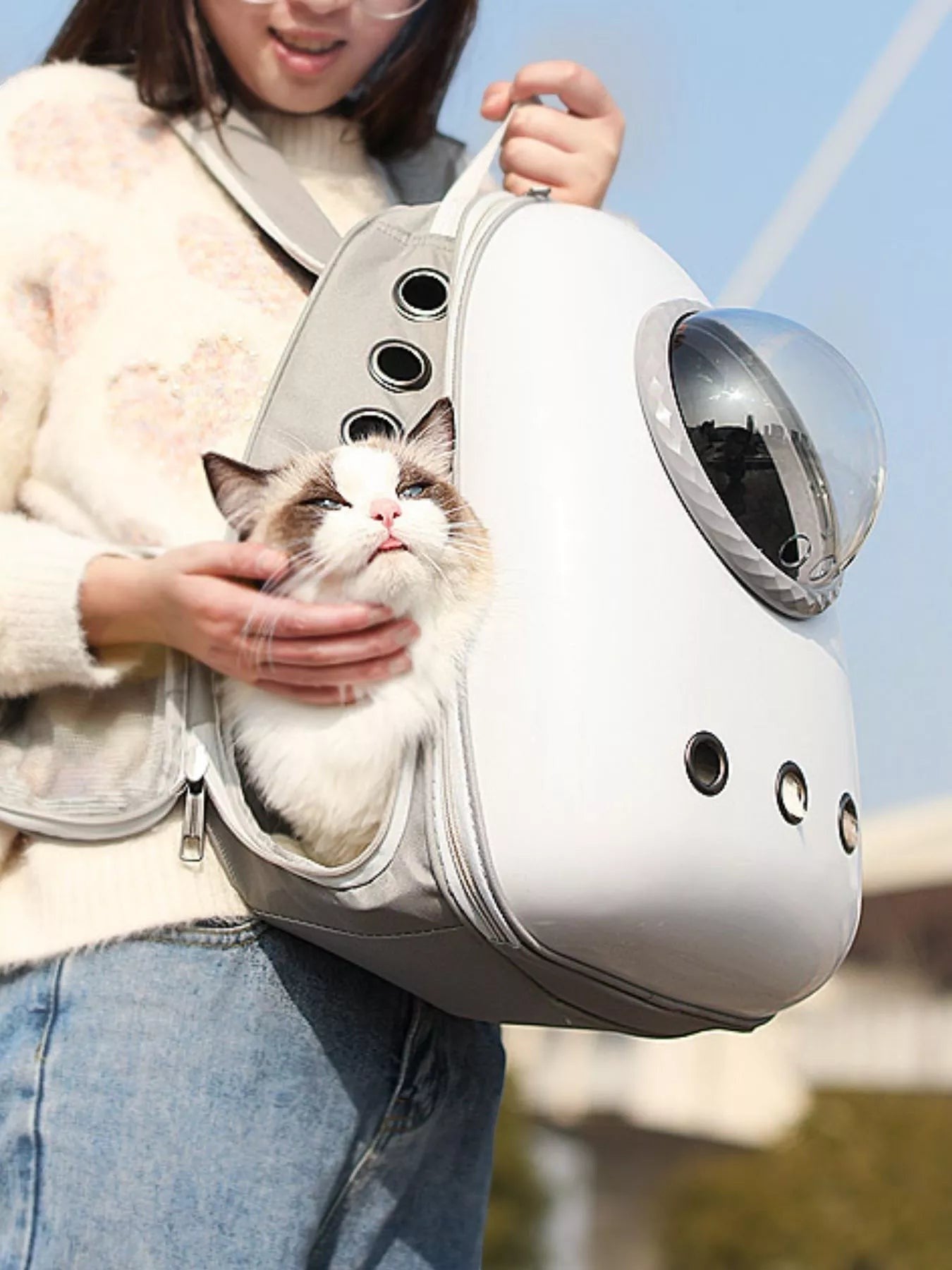 Little Pets Club white and grey space capsule transparent pet carrier backpack with a fluffy cat peeking out.