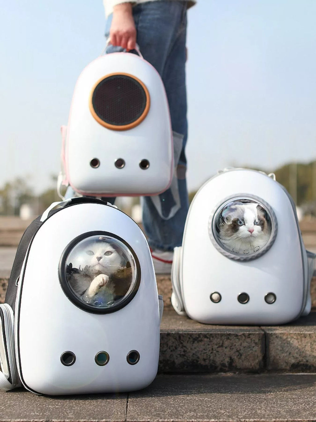 Little Pets Club white space capsule pet carrier backpack with clear bubble window and ventilation holes, large size.
