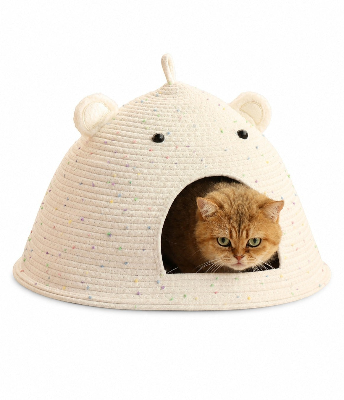 Little Pets Club Speckled Bear Ear Cat Cave Bed made of cotton rope with a cat inside.