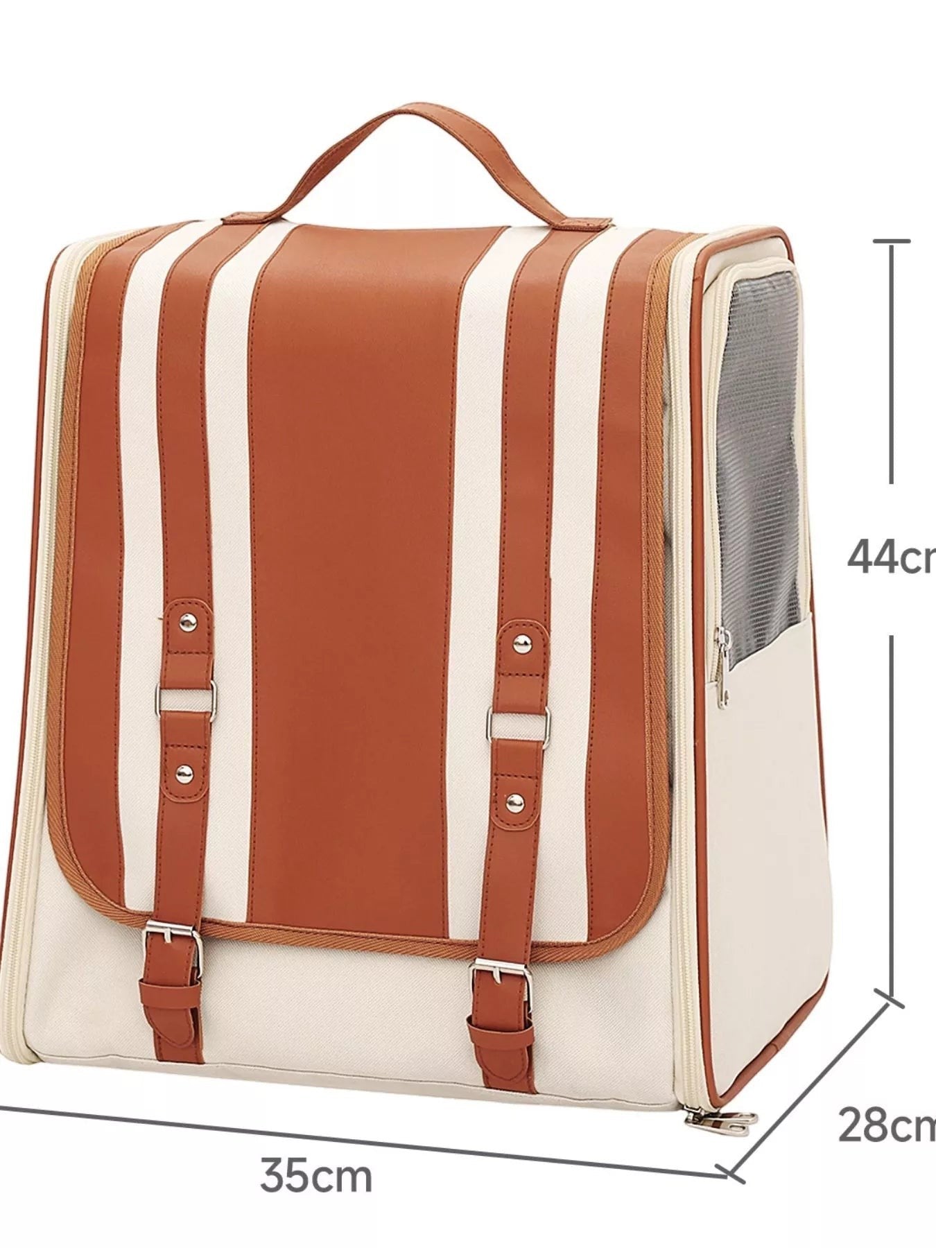 Little Pets Club cream and brown striped pet carrier backpack with faux leather trim and adjustable straps. Features mesh ventilation and a top handle.