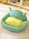 Little Pets Club green and white striped plush pet bed with yellow bolster and googly eyes. Soft calming nest for cats and dogs.
