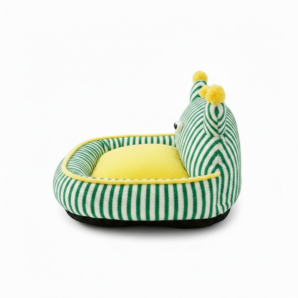 Little Pets Club green and white striped plush pet bed with yellow bolster and pom-pom ears.