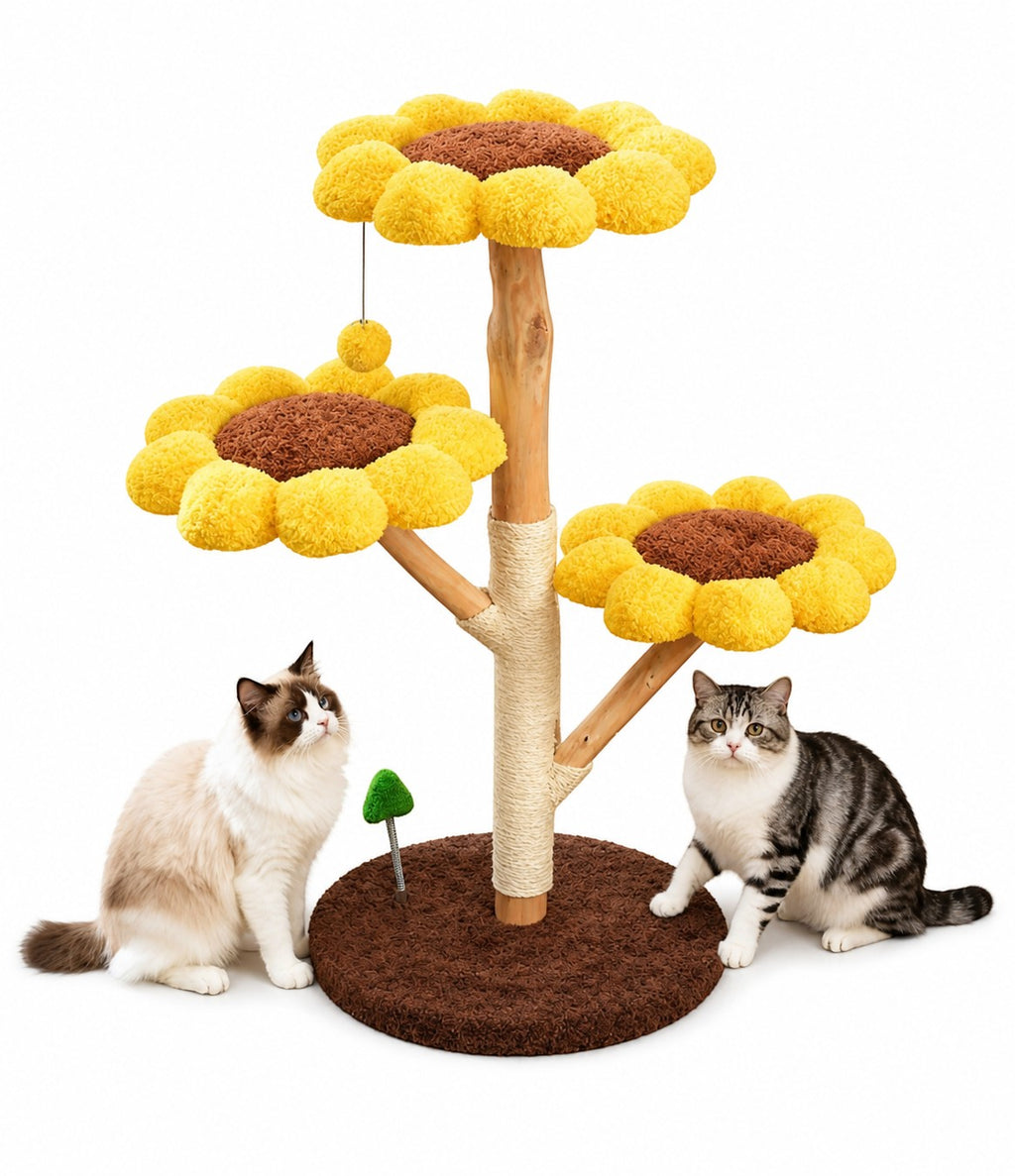 Little Pets Club sunflower cat tree with yellow plush perches, sisal scratching posts, and two cats.