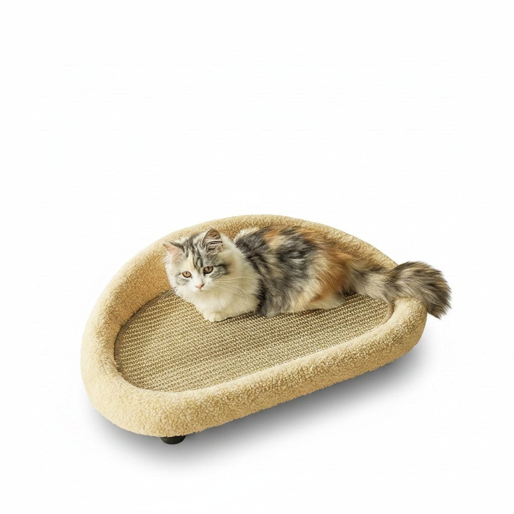 Little Pets Club tan woven sisal cat lounge bed with a fluffy trim and a calico cat resting inside.