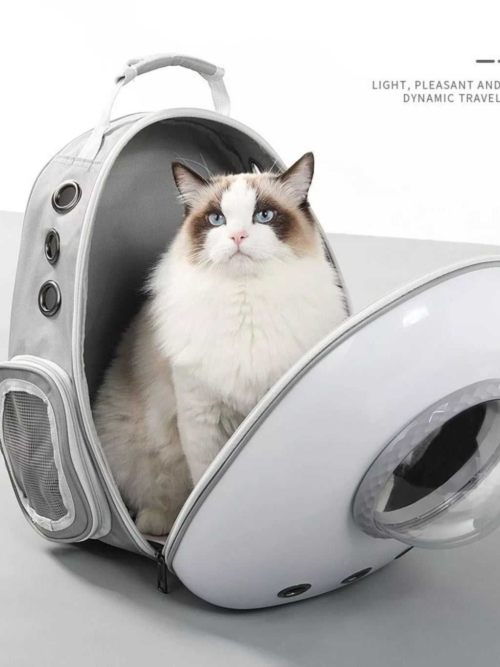 Little Pets Club grey and white space capsule transparent pet carrier backpack with a fluffy cat inside.