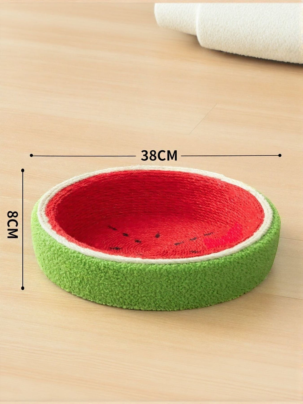 Little Pets Club watermelon shaped cat scratching post nest, plush red interior with black seeds, green fuzzy exterior.