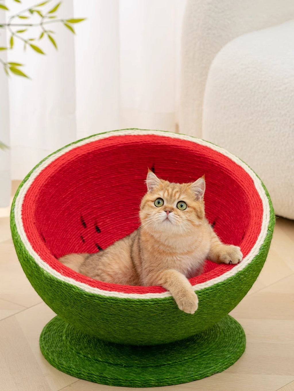Little Pets Club watermelon shaped cat scratching post nest made of sisal rope, red interior with black seeds, green exterior.