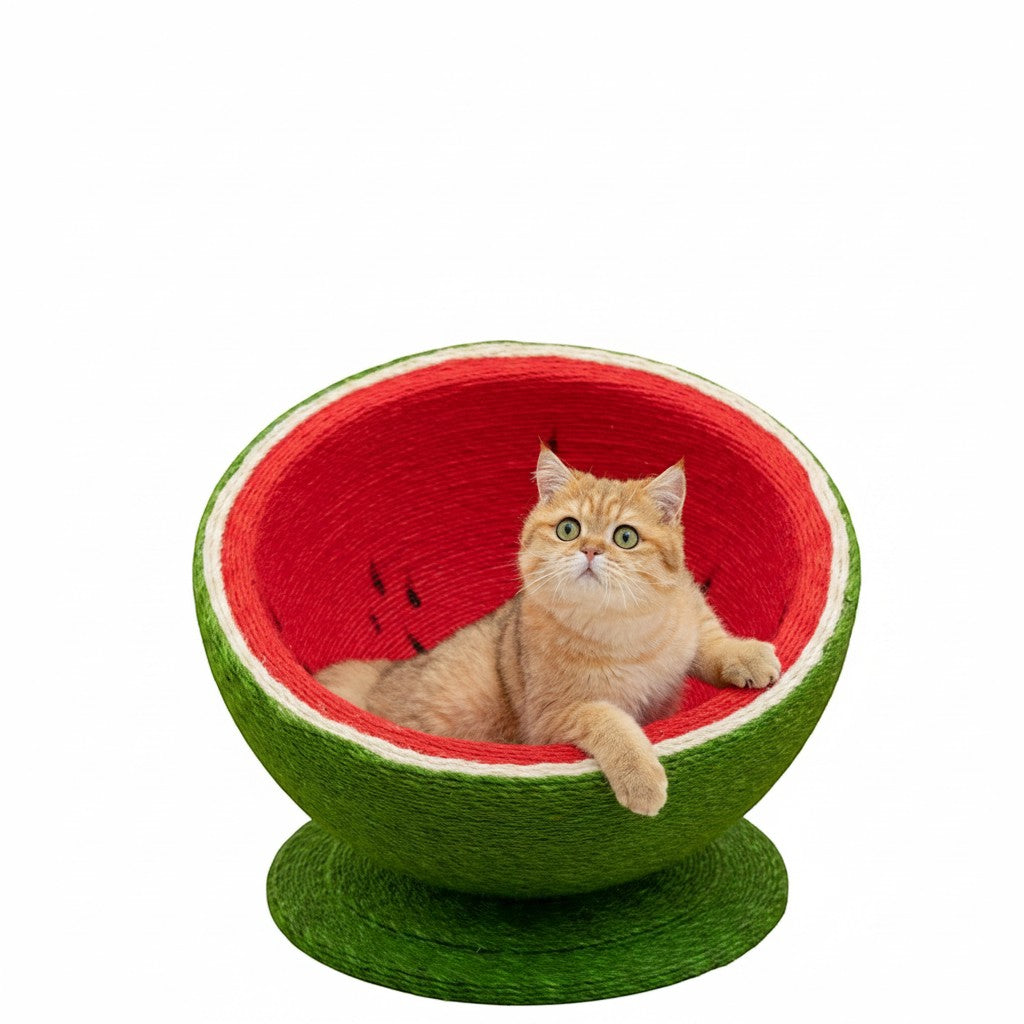 little pets club Watermelon shaped cat scratching post nest made of sisal rope, red interior with black seeds, green exterior.