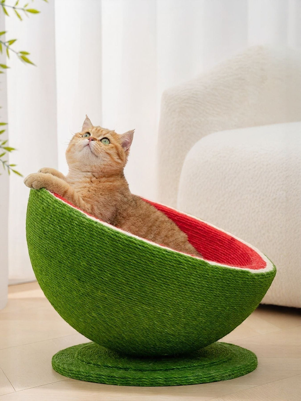 little pets club Watermelon shaped cat scratching post nest made of sisal rope with red interior.