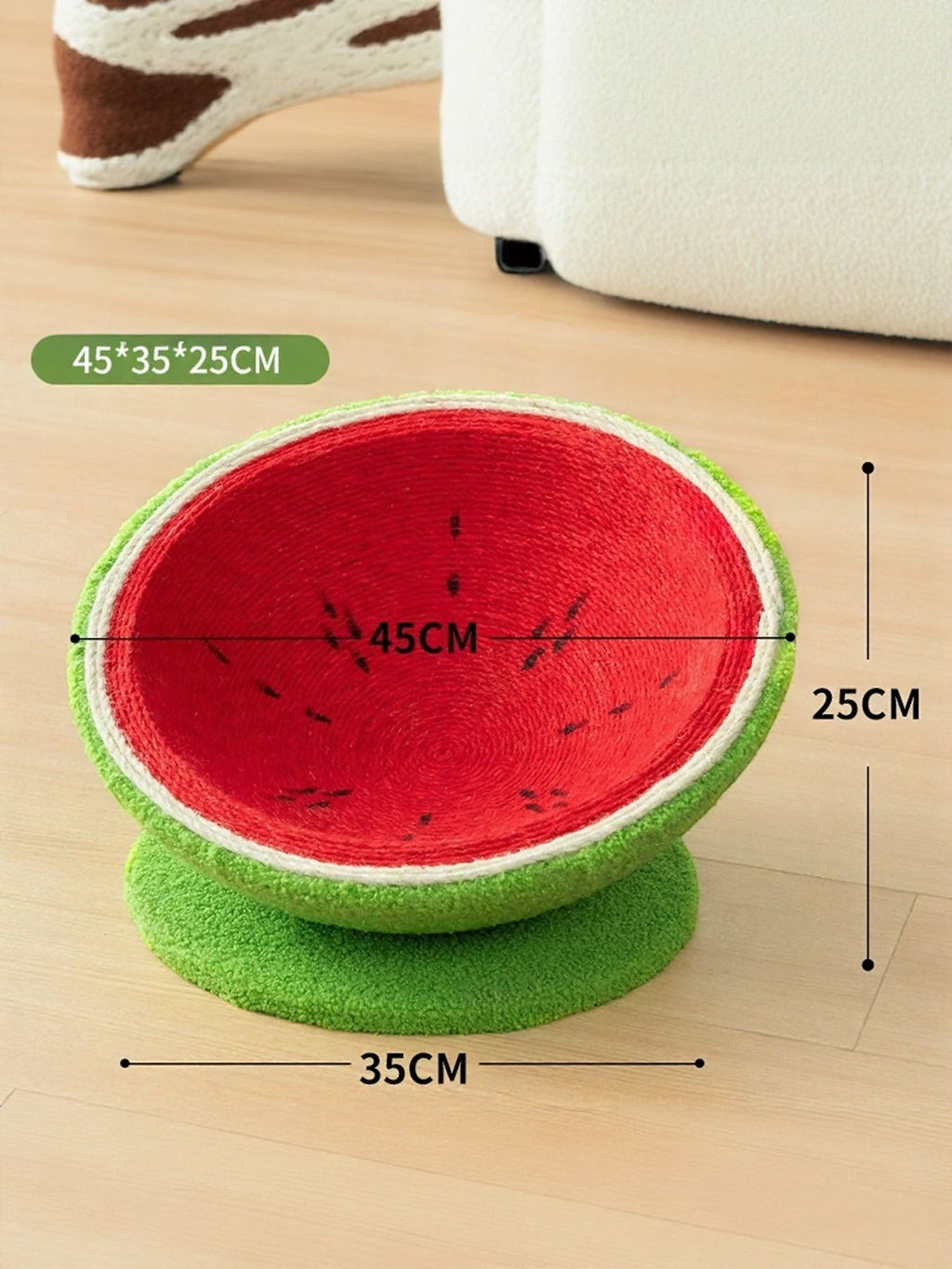 little pets club Watermelon shaped cat scratching post nest made of sisal, with red interior and green base.