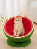 little pets club Watermelon shaped cat scratching post nest made of sisal rope, red interior with black seeds, green exterior.