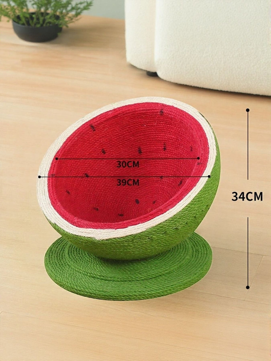 little pets club Watermelon shaped cat scratching post nest made of sisal rope. Red interior with black seeds, green rind, and white trim.