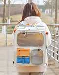 Little Pets Club white wheeled pet carrier backpack with clear viewing window and orange and blue pockets