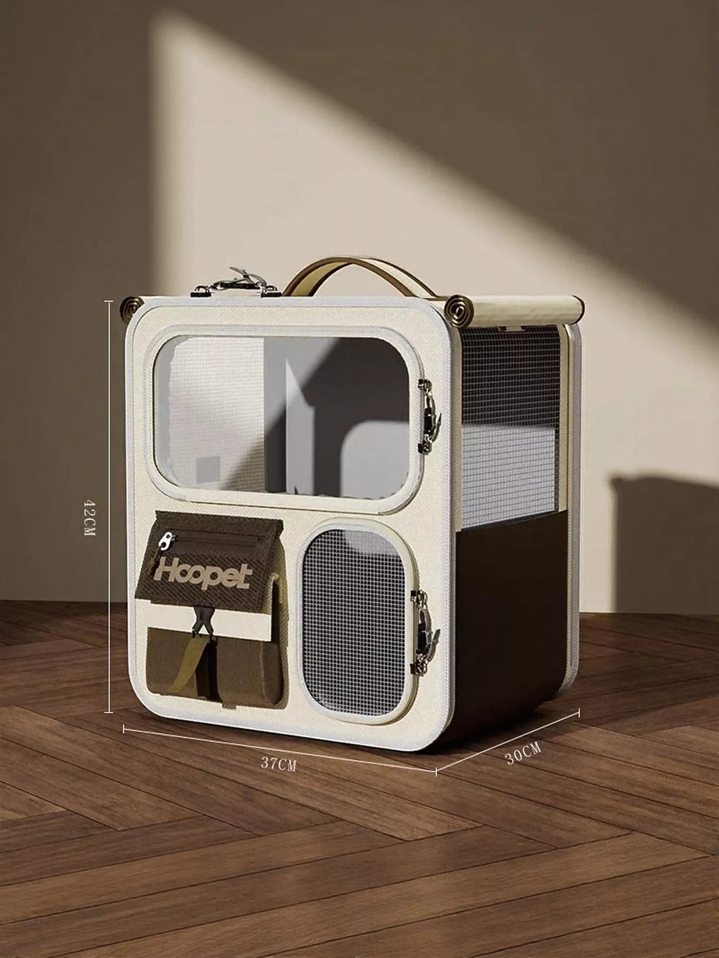 Little Pets Club wheeled pet carrier in beige and brown with clear viewing window and storage pockets.