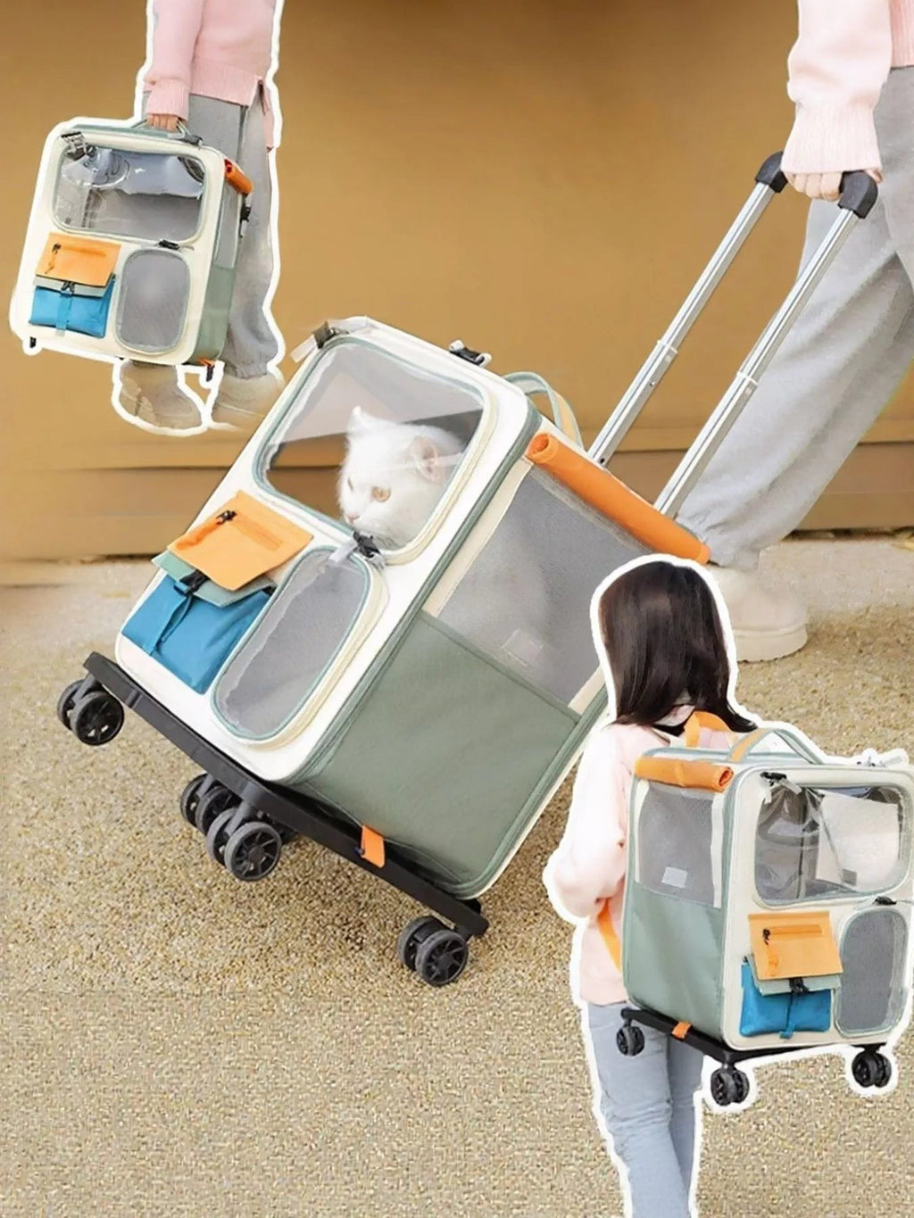Little Pets Club wheeled pet carrier in sage green and cream with clear viewing window and orange accents. Features multiple pockets and smooth-rolling wheels.