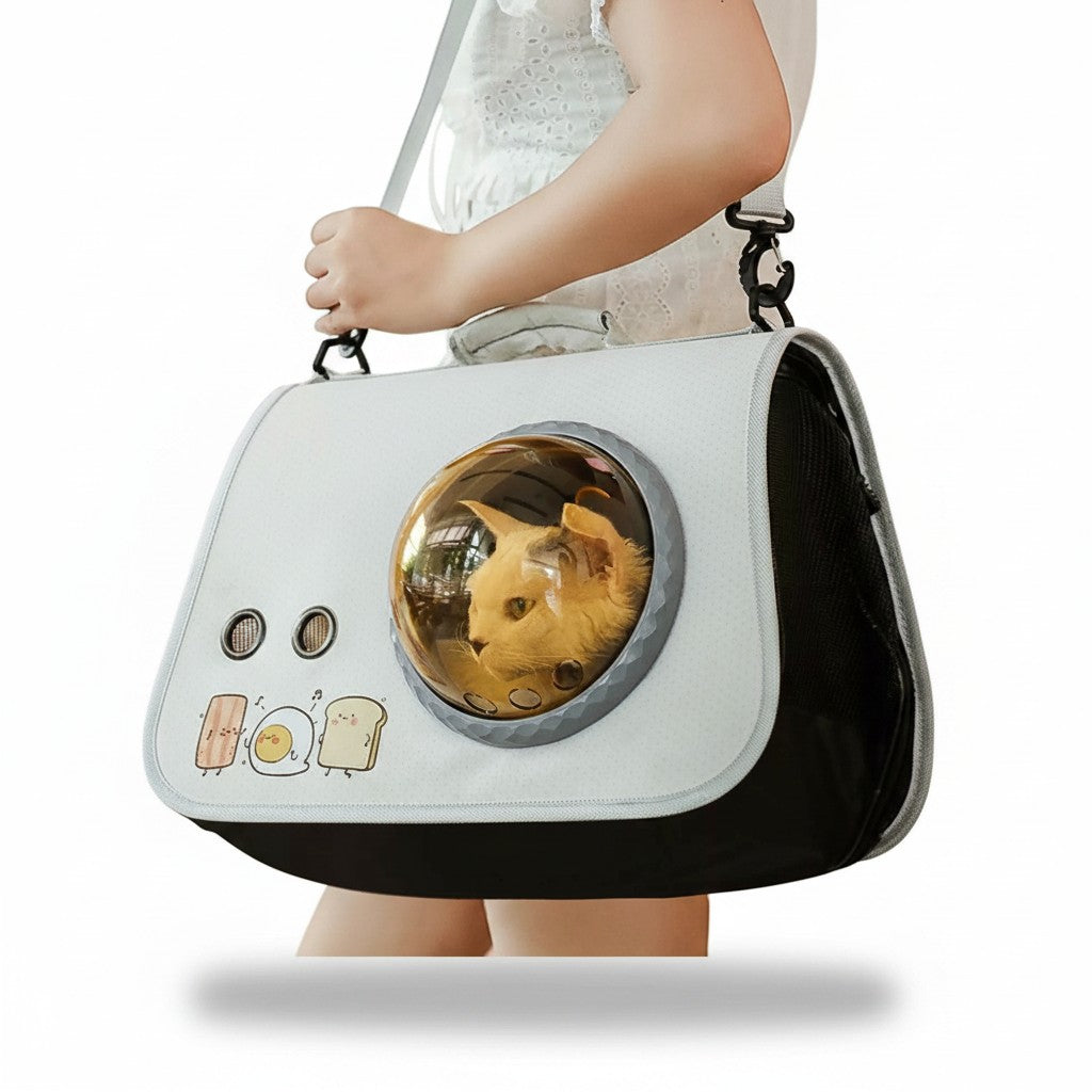 Little Pets Club white pet carrier bag with bubble window, featuring a cat inside and cute toast and egg illustrations.