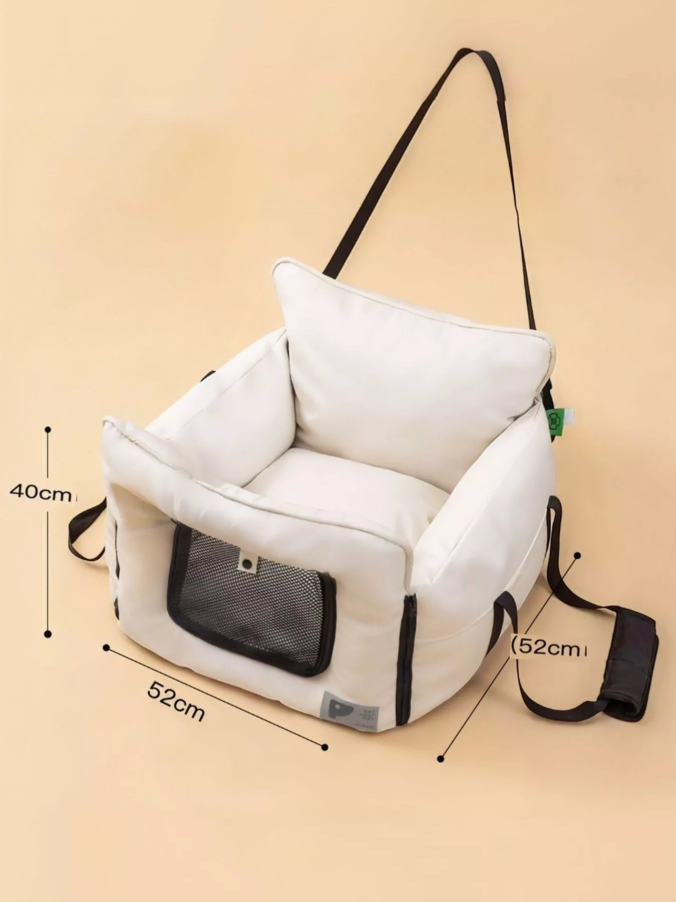 Little Pets Club white pet car seat bed with mesh pocket and adjustable straps, 52cm length.