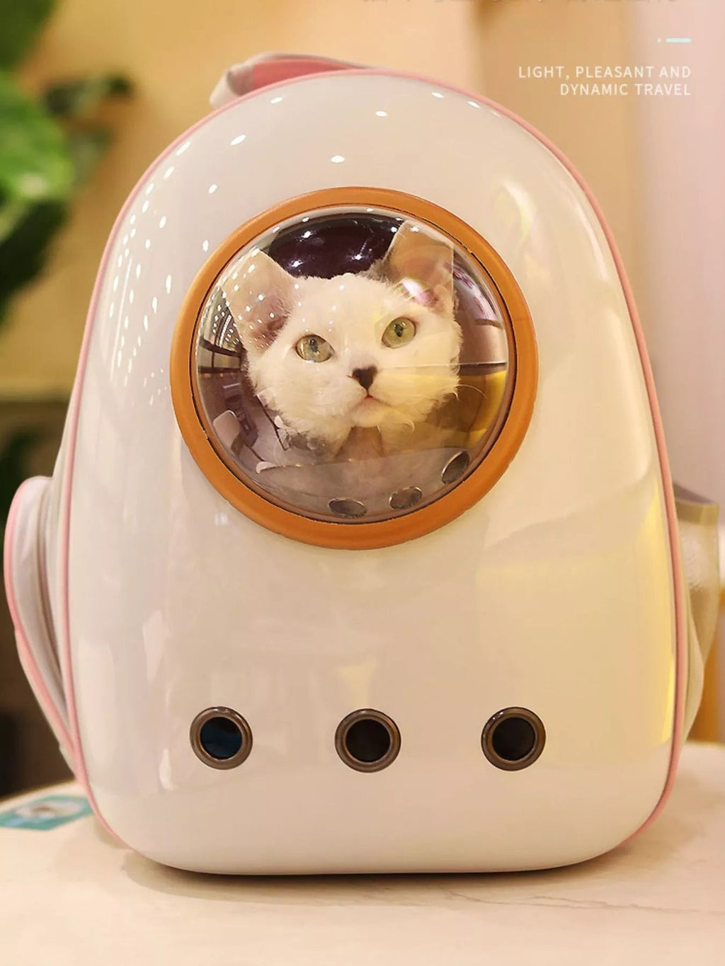 Little Pets Club white space capsule pet carrier backpack with transparent bubble window, pink trim, and ventilation holes. A white cat with green eyes looks out.