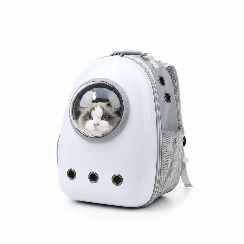 Little Pets Club white space capsule pet carrier backpack with a fluffy cat looking out the transparent dome window.