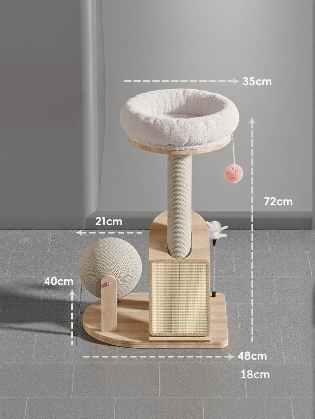 Little Pets Club modern wood cat tower with plush bed, sisal scratching post, and ball toy.