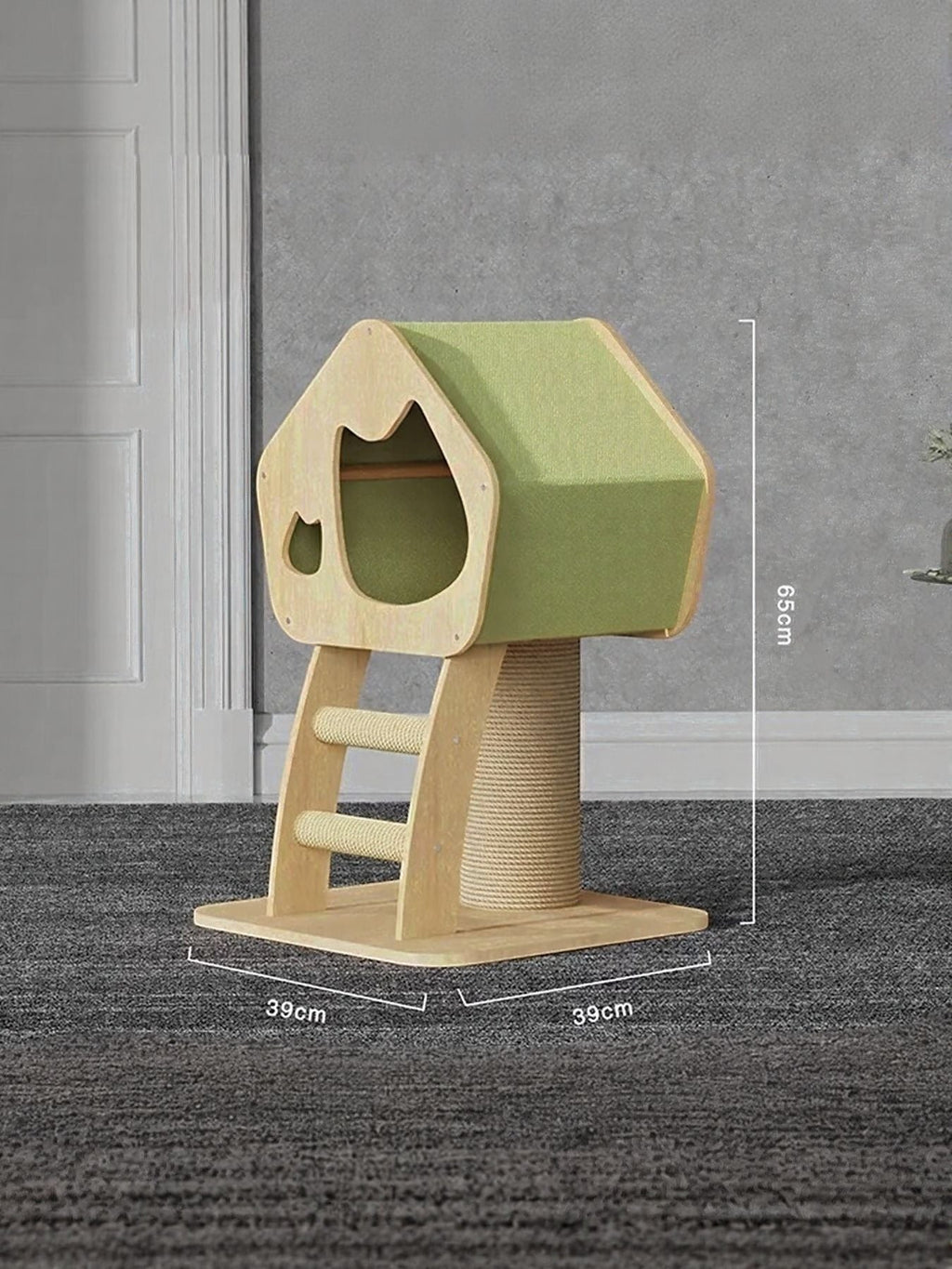Little Pets Club modern wooden cat condo with green fabric roof, sisal scratching post, and ladder.
