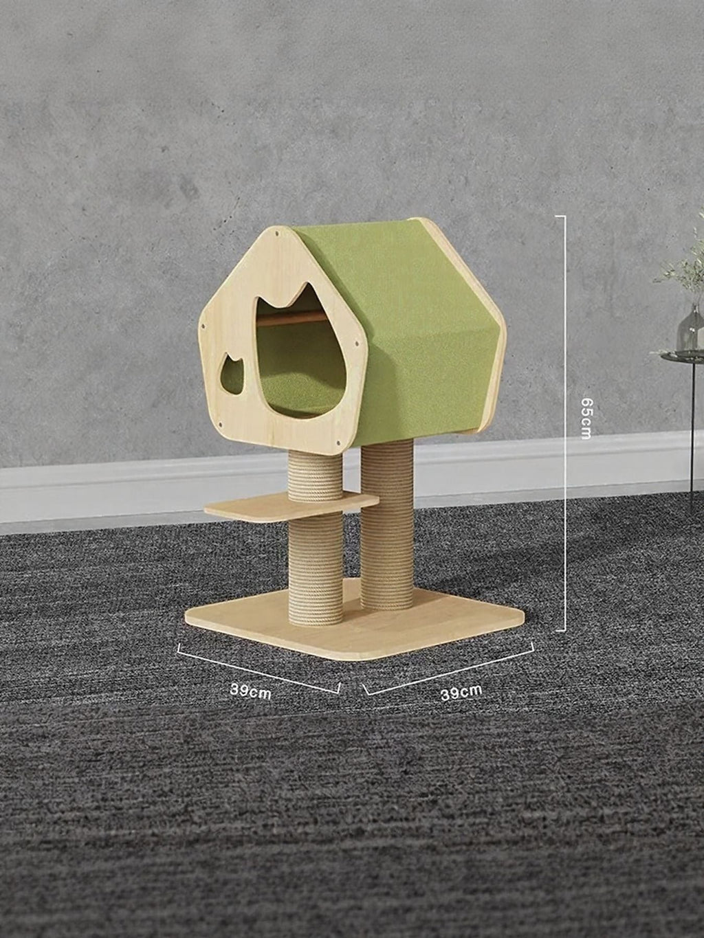 Little Pets Club modern wooden cat condo with green fabric roof, sisal scratching posts, and ladder.