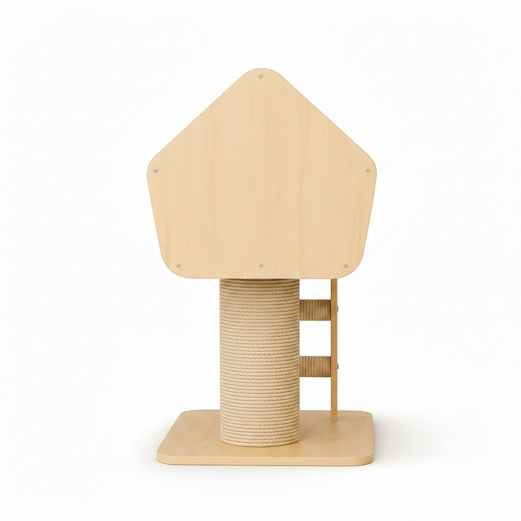 Little Pets Club modern wooden cat condo with sisal scratching post and ladder, natural wood finish.