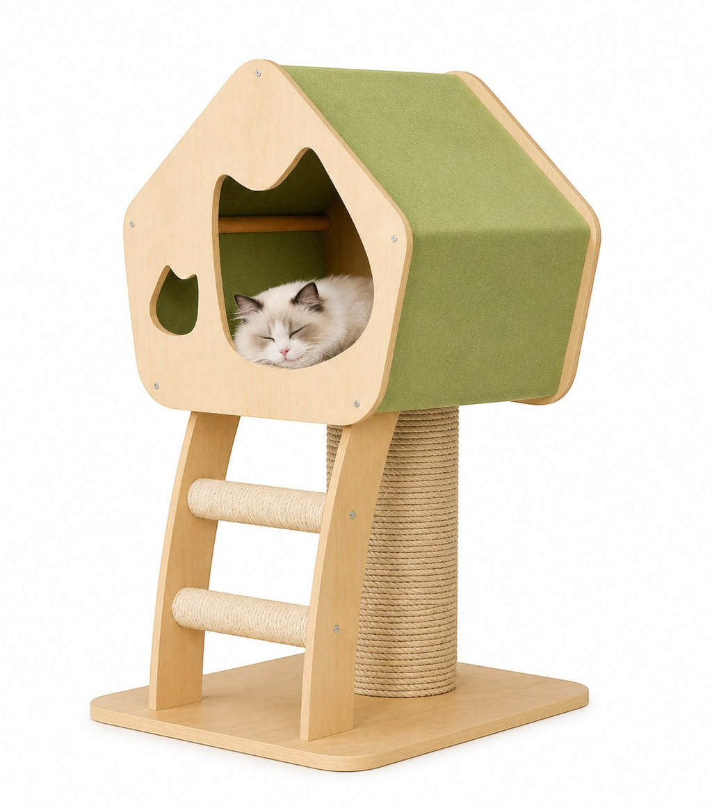 Little Pets Club modern wooden cat condo with green fabric roof, ladder, and sisal scratching post. A fluffy cat sleeps inside.