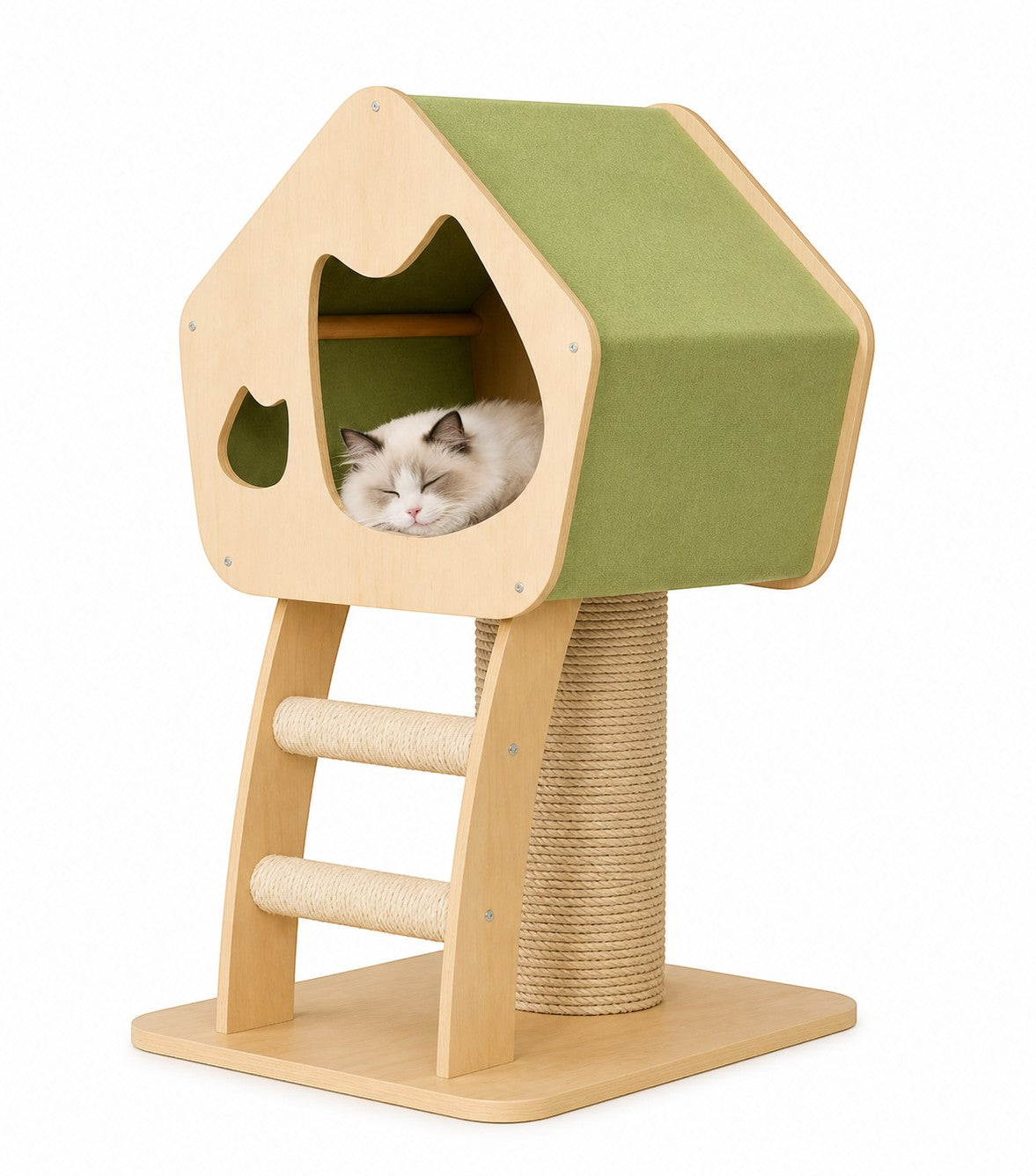 Little Pets Club modern wooden cat condo with green fabric roof, ladder, and sisal scratching post. A fluffy cat sleeps inside.
