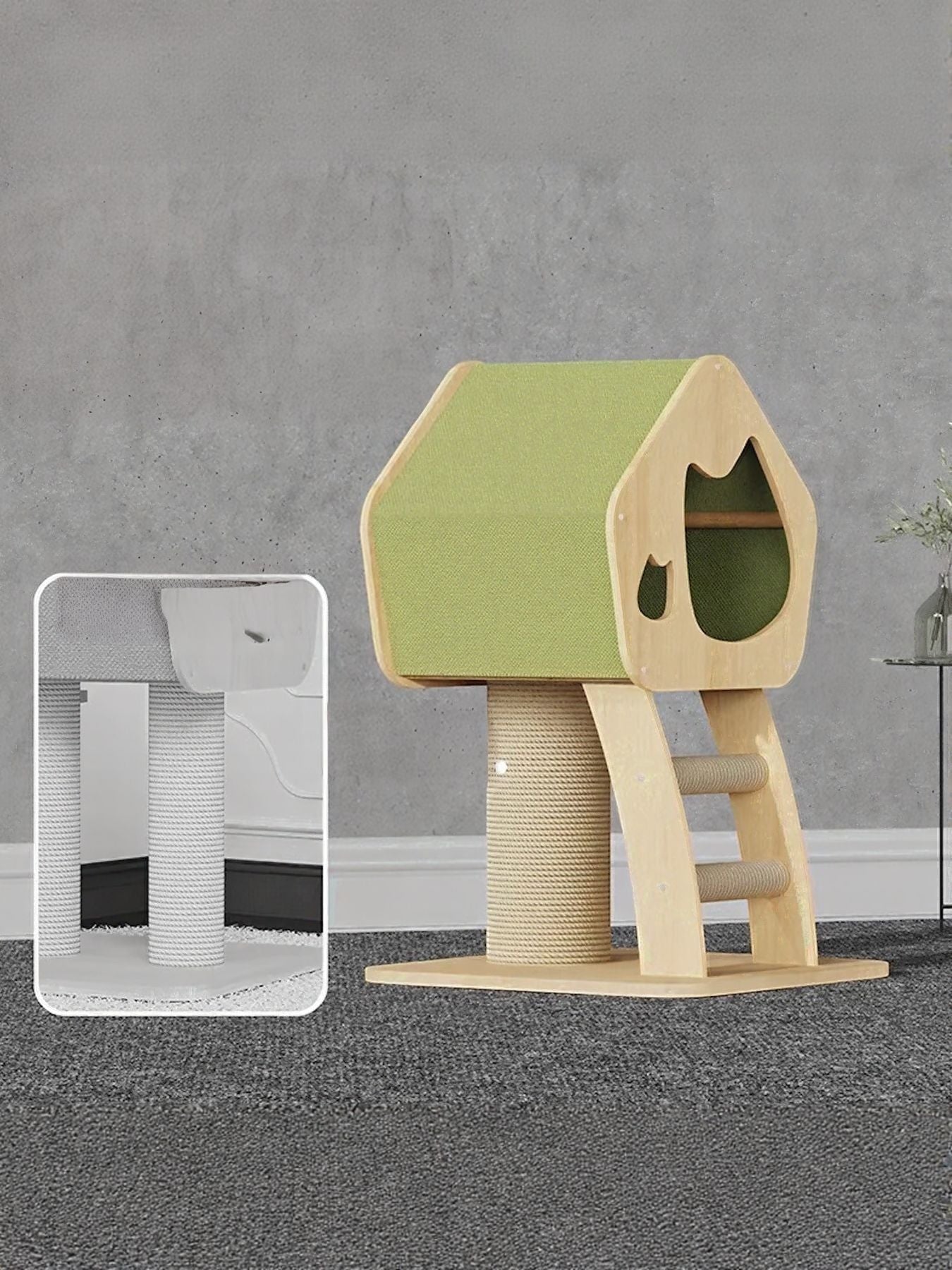 Little Pets Club modern wooden cat condo with green roof, sisal scratching post, ladder, and cat-shaped entrance.