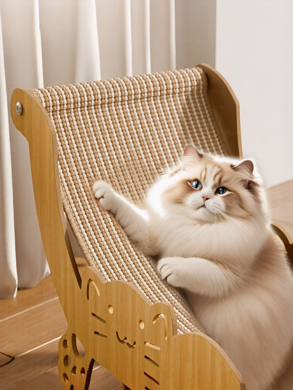 Little Pets Club wooden cat hammock with sisal scratcher. Fluffy cat lounging on the elevated bed.