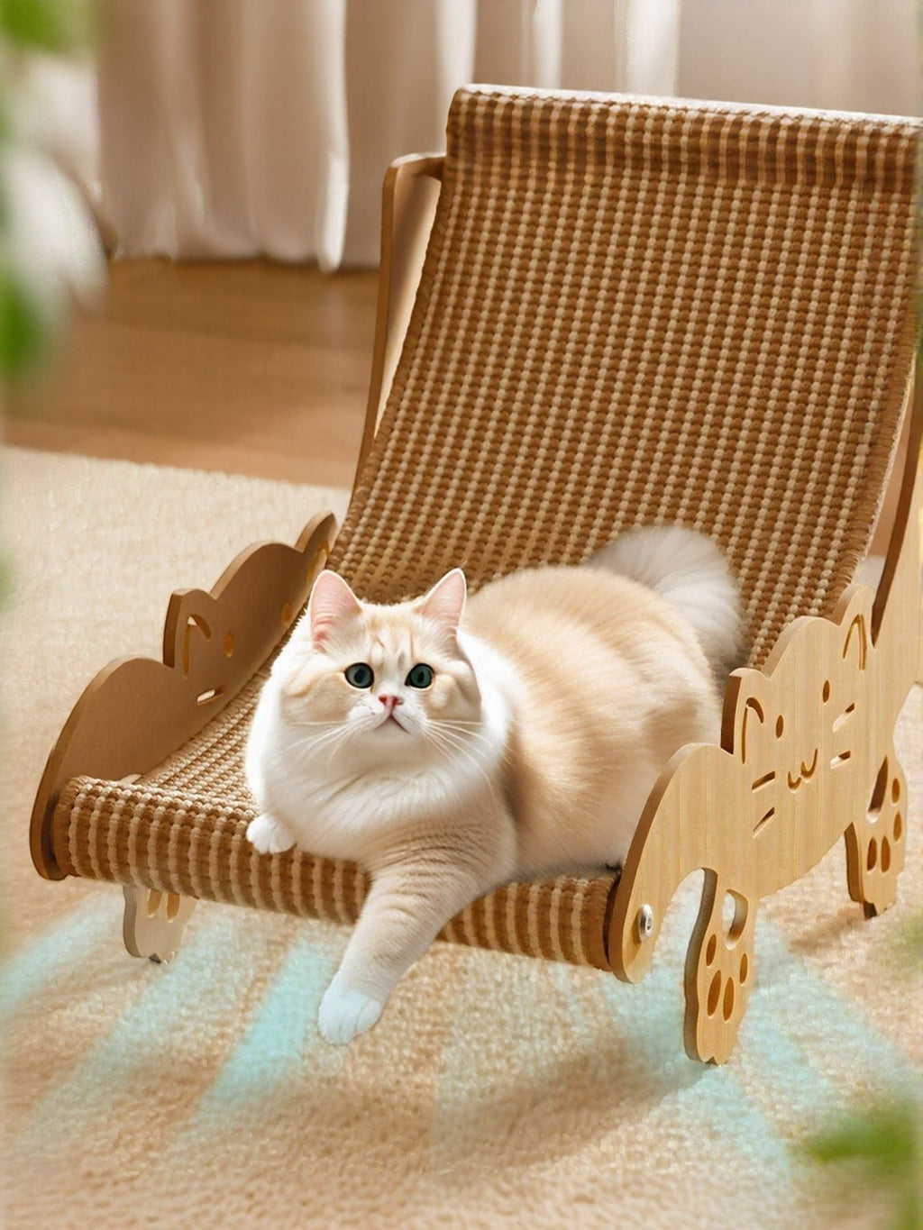 Little Pets Club wooden cat hammock with sisal scratcher. Cream cat lounging on elevated bed with curved design.
