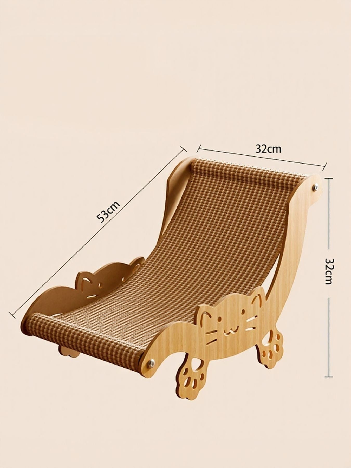 Little Pets Club wooden cat hammock with sisal scratcher. Features a curved ergonomic design and cute cat face cutouts on the sides.