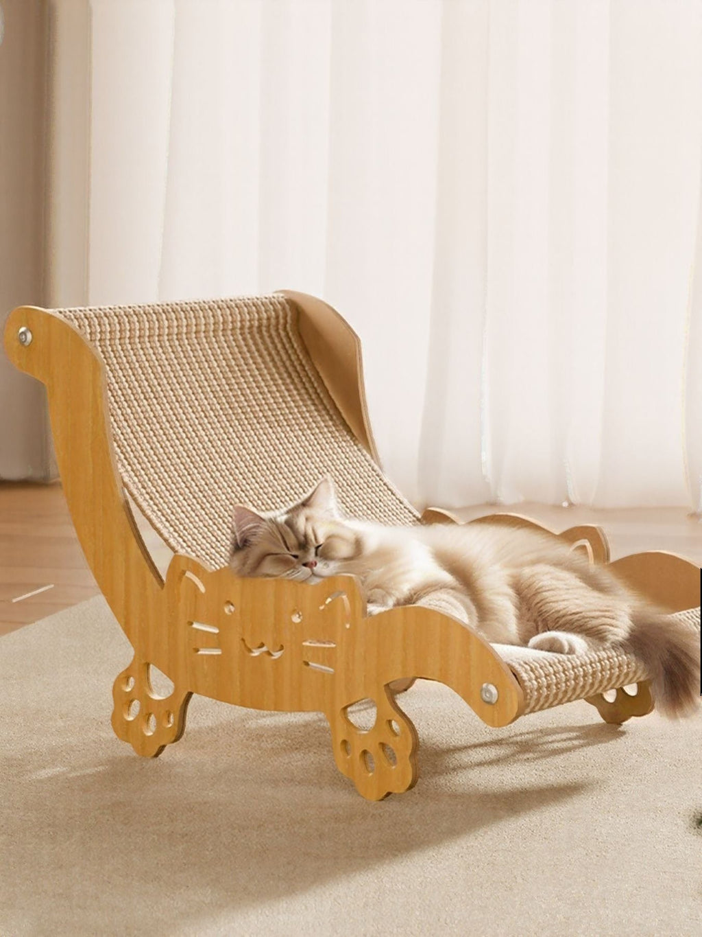 Little Pets Club wooden cat hammock with sisal scratcher, featuring a cute cat face cutout and paw print legs. A fluffy cat sleeps peacefully on the elevated bed.