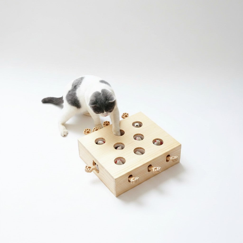 Little Pets Club interactive wooden cat puzzle toy with mice peeking out of holes. A grey and white cat plays with the toy.