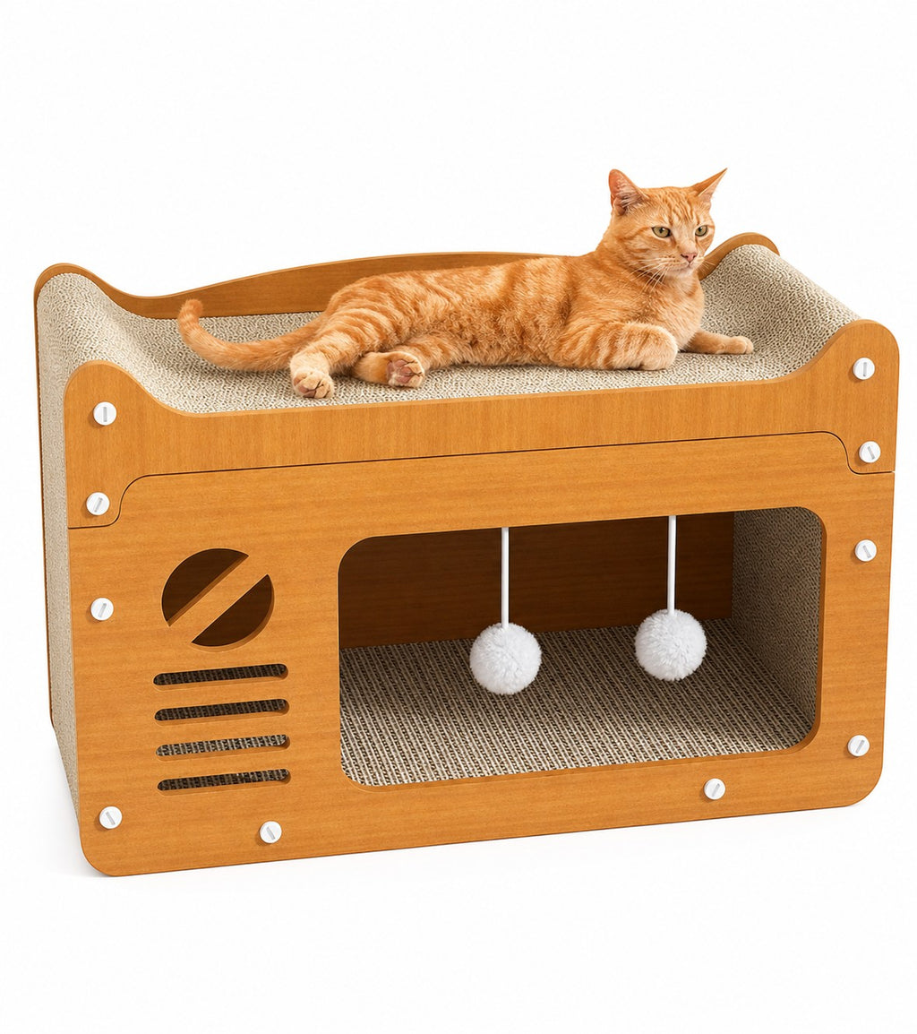 Little Pets Club modern wooden cat scratcher bed with condo and hanging toys. Orange tabby cat lounging on top.