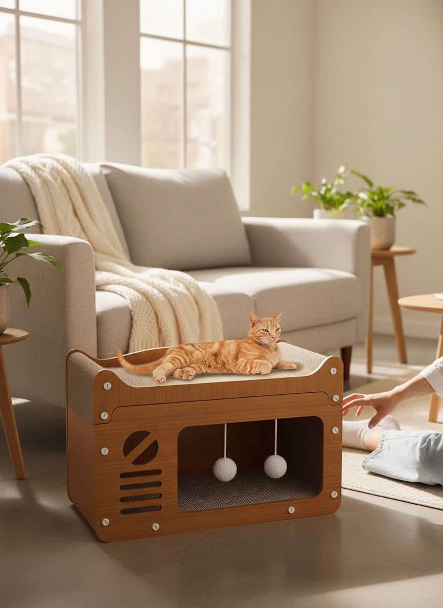 Little Pets Club modern wooden cat scratcher bed with condo and hanging toys, featuring an orange tabby cat lounging on top.