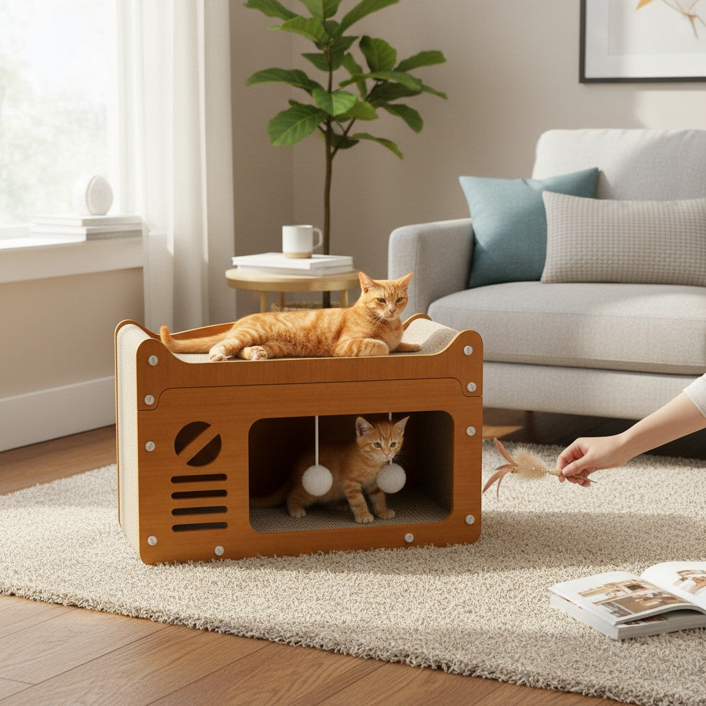 Little Pets Club modern wooden cat scratcher bed with condo and hanging toys. Orange tabby cat lounging on top, kitten inside condo.