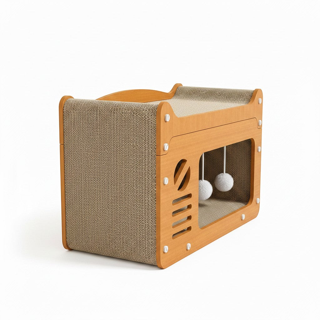 Little Pets Club modern wooden cat scratcher bed with condo and hanging toys. Natural wood frame with textured scratching surfaces and two white pom-pom toys.